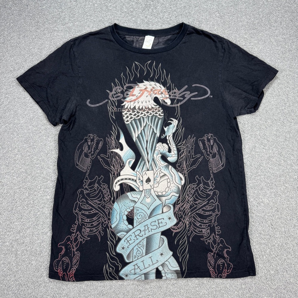 Y2K Ed Hardy T-Shirt Womens L Black Erase All Fears Eagle Snake Dagger Tattoo